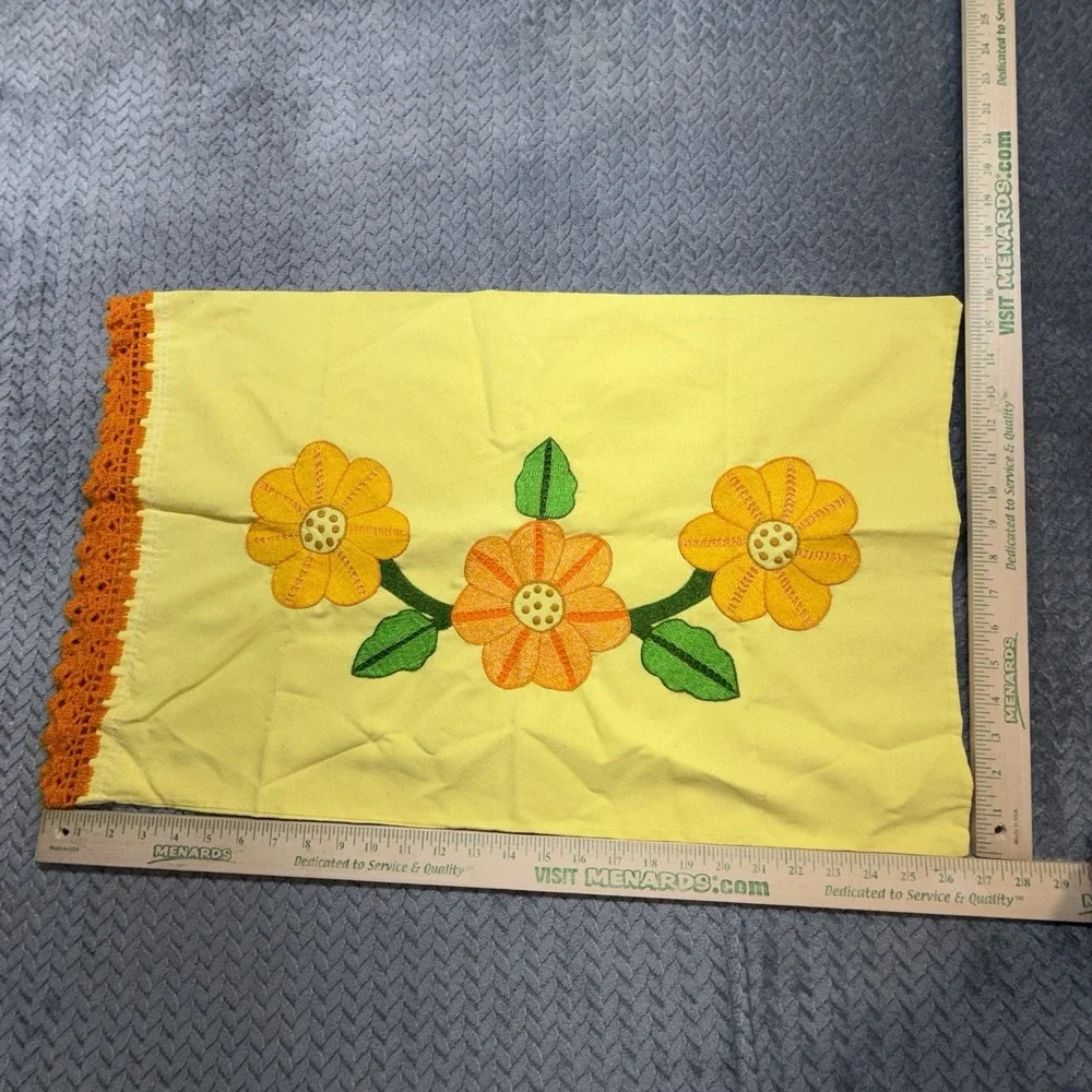 Vintage Cottagecore Hand Embroidered Pillowcase Set Standard‎ Lot of 2 Yellow